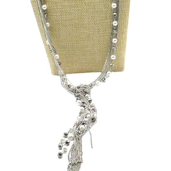 Faux Pearl Crystal Necklace Beaded Multi-Strand Layered Tassel Silver-tone Chain - Picture 13 of 16